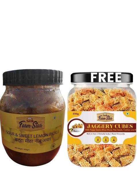 Farm Star Sour Sweet Lemon Pickle – Khatta Meetha Nimbu Ka Achar 500Gm 350Gm Jaggery Cubes Free