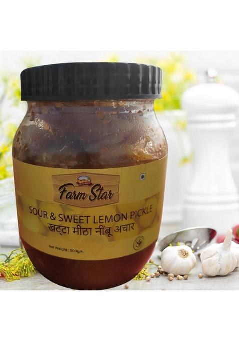 Farm Star Sour Sweet Lemon Pickle – Khatta Meetha Nimbu Ka Achar 500Gm 350Gm Jaggery Cubes Free
