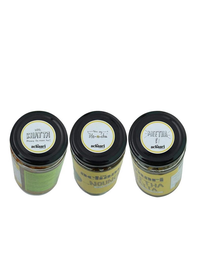 The Achaari Homemade Mango Pickle Pack Of 3 Khatti Red Chilli Nouncha Meetha Raita