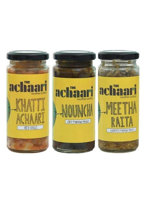 The Achaari Homemade Mango Pickle Pack Of 3 Khatti Red Chilli Nouncha Meetha Raita