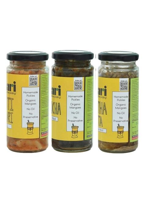 The Achaari Homemade Mango Pickle Pack Of 3 Khatti Red Chilli Nouncha Meetha Raita
