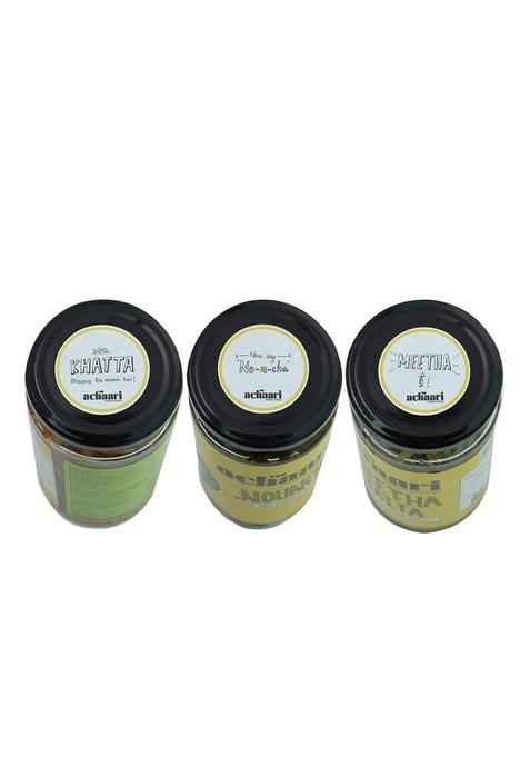 The Achaari Homemade Mango Pickle Pack Of 3 Khatti Red Chilli Nouncha Meetha Raita