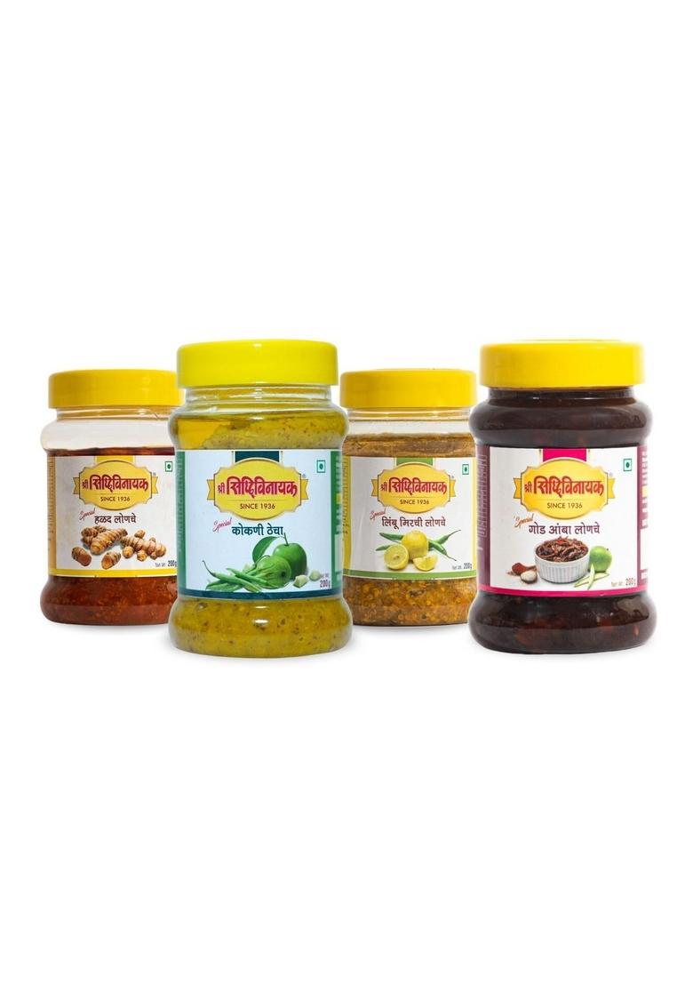 Shree Siddhivinayak Pickles Combo | Halad Turmeric Pickle Lemon Chilly Kokani Thecha God Kairi Sweet Raw Mango Organic Homemade Pack Of 4 200G Each