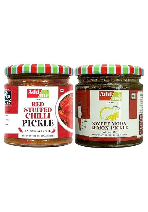 Add Me Lemon Pickle Sweet And Sour Without Oil Lime Nimbu Ka Achar Red Stuffed Chilli Lal Mirchi Bharwa 200Gm Each Combo Gift Pack Pickles Glass Jar