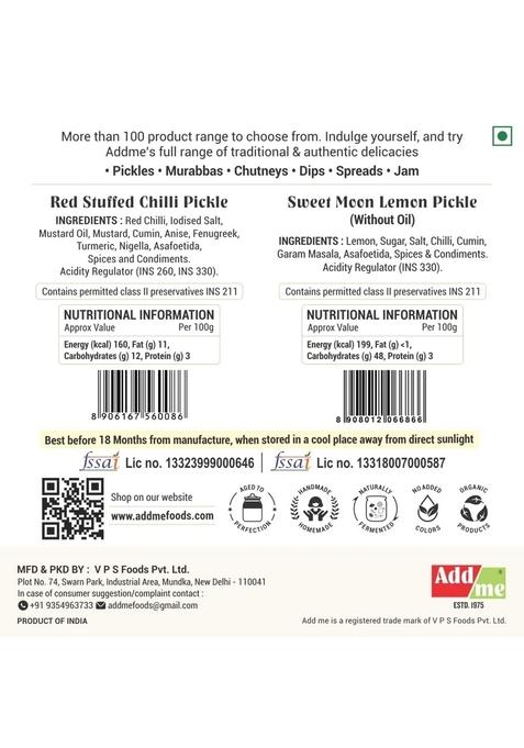Add Me Lemon Pickle Sweet And Sour Without Oil Lime Nimbu Ka Achar Red Stuffed Chilli Lal Mirchi Bharwa 200Gm Each Combo Gift Pack Pickles Glass Jar