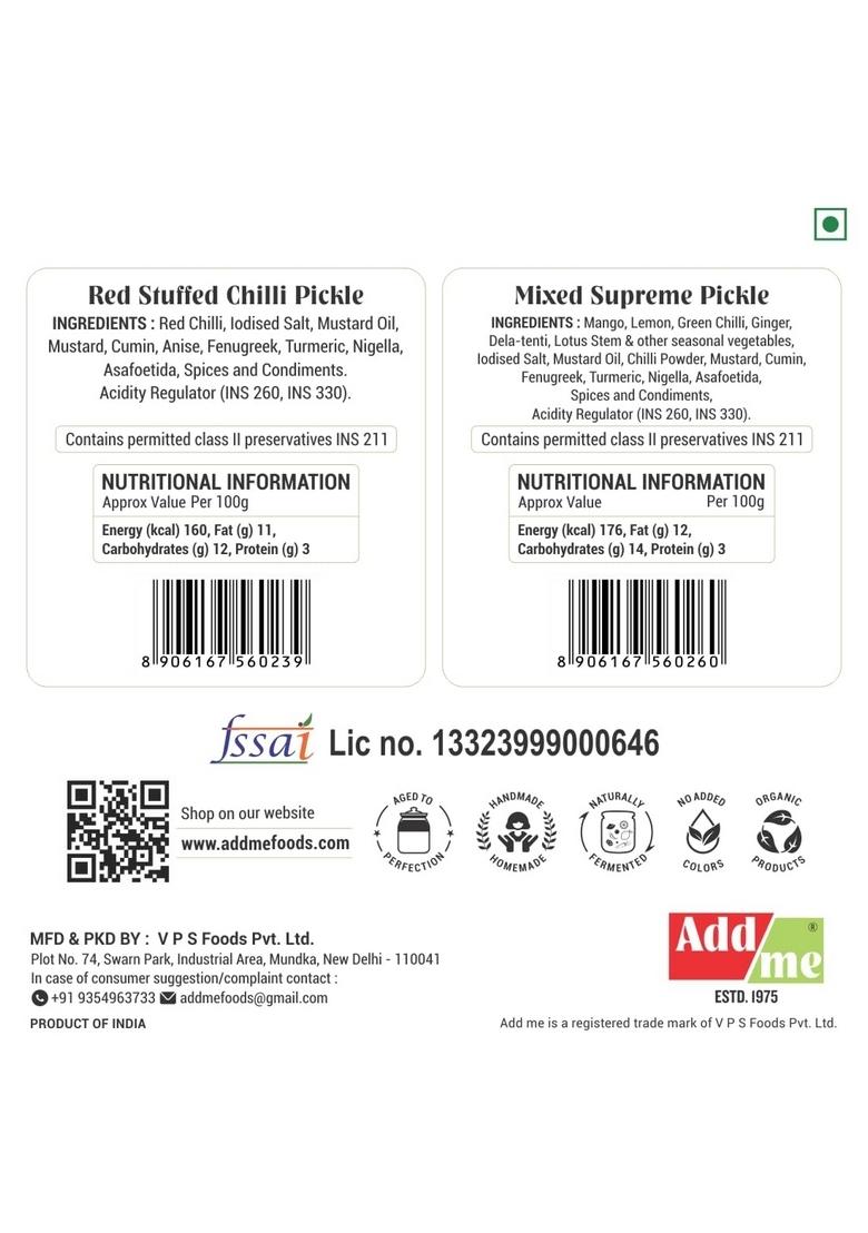 Add Me Rajasthani Red Stuffed Pickle Bharwa Lal Mirch 300Gm Mix Achar Homemade Mixed Supreme Mango Chilli Lemon Carrot Ker Ginger Karonda Lasoda Fruit