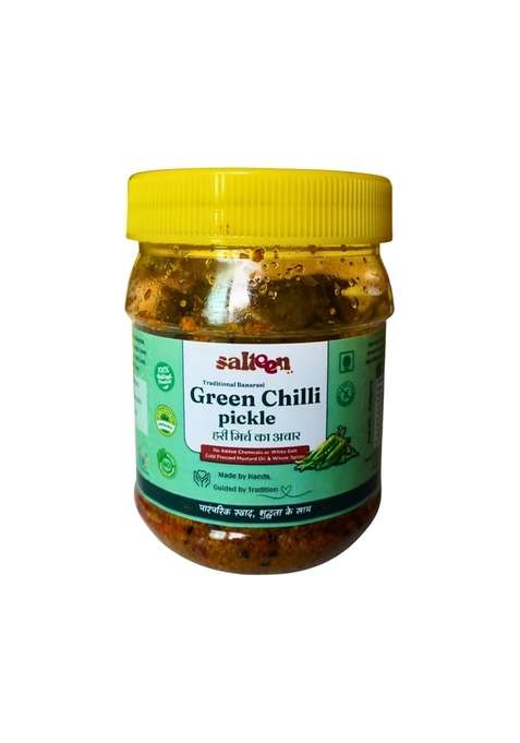 Salteen Traditional Banarasi Green Chilli Pickle Hari Mirch Ka Achaar 400 G | Homemade Indian Aachar Made With Cold Pressed Mustard Oil Sun Dried Organic Methods No Preservatives White Salt