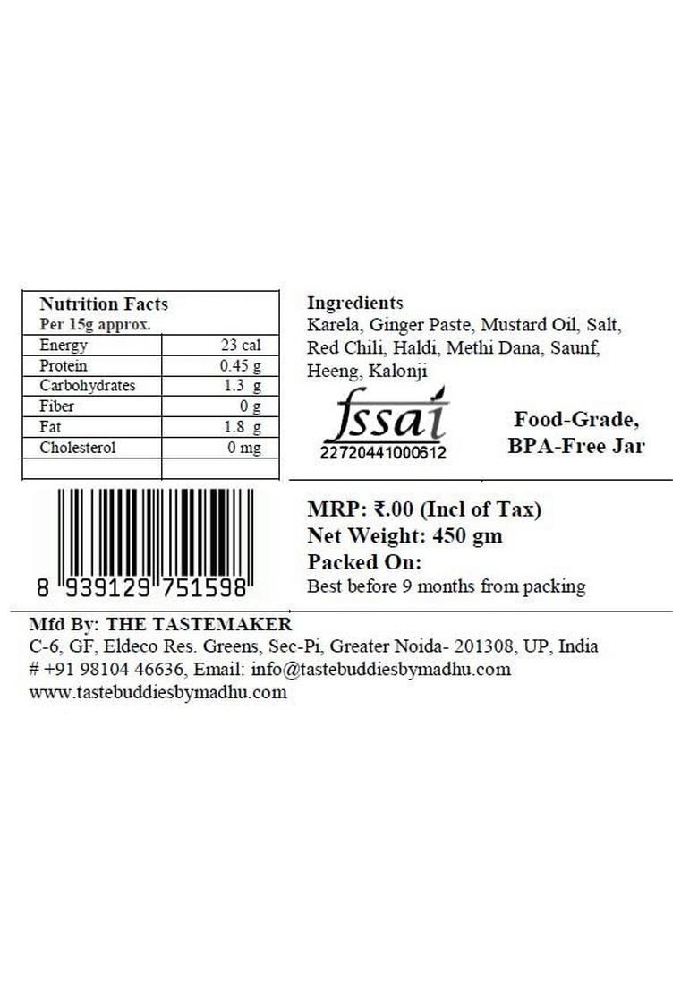 Tastebuddies By Madhu Madhu® Karela Pickle 450 Gm Handcrafted Homemade Artisan Bitter Gourd Roasted Spices In Wood Pressed Mustard Oil Authentic Flavorful Rich Antioxidants