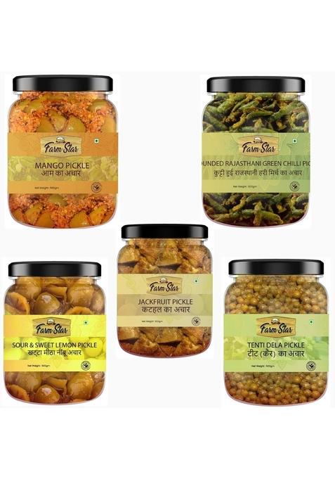 Farm Star 2 5Kg Combo Pickle Pack 5 In 1 Mango 500 Gm Sweet Lime Kathal Tenti Pounded Rajasthani Green Chilli