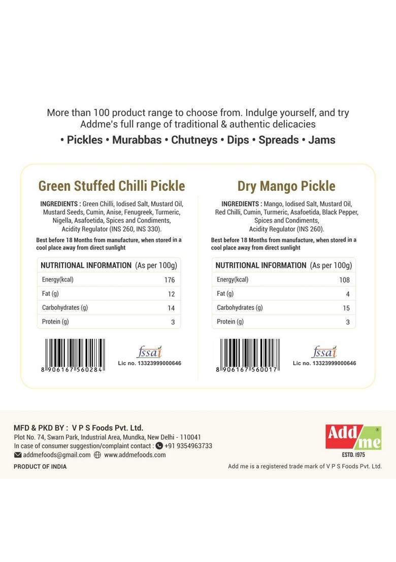 Add Me Stuffed Green Chilli Pickle Dry Mango Sukha Aam Ka Achar 500Gm Each Rajasthani Indian Pickles Achaar Glass Pack