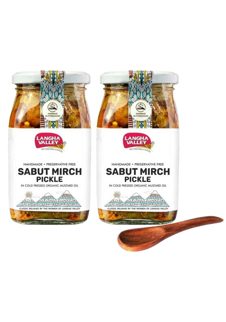 Langha Valley Combo Of Homemade Sabut Mirch Pickle Green Chilli Made With 100 Cold Pressed Organic Mustard Oil Sun Dried Matured Glass Jar Wooden Spoon 360 Grams Pack 2 - Indya