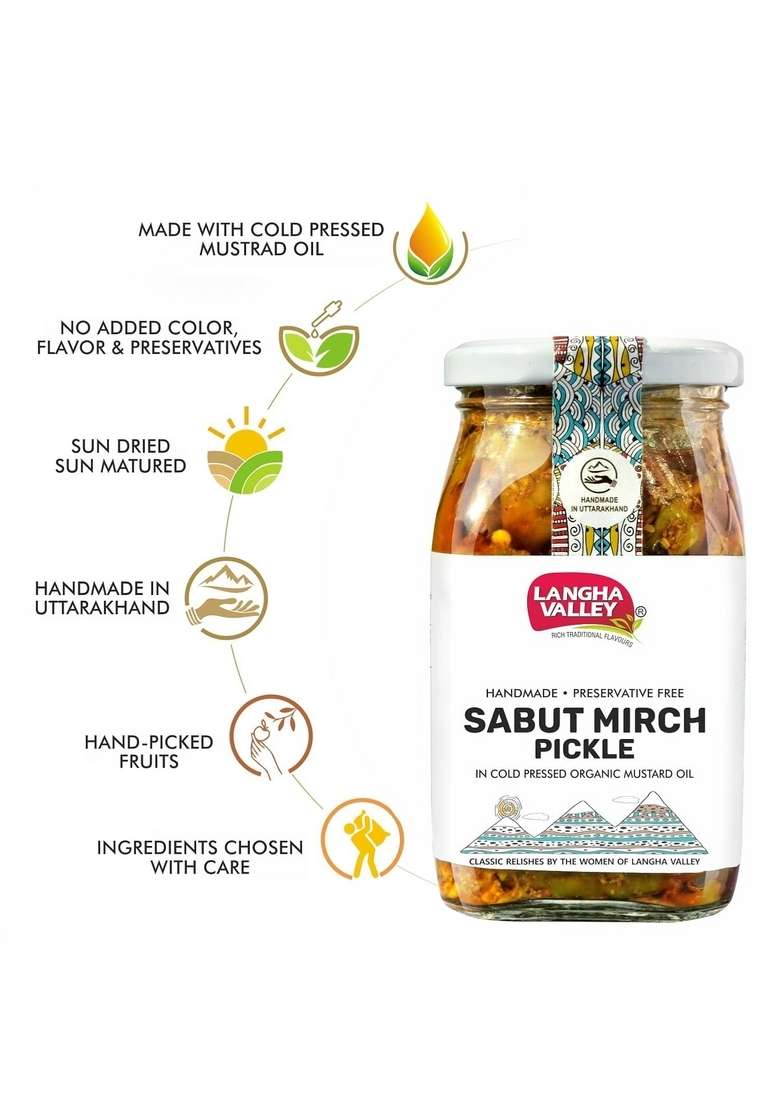 Langha Valley Combo Of Homemade Sabut Mirch Pickle Green Chilli Made With 100 Cold Pressed Organic Mustard Oil Sun Dried Matured Glass Jar Wooden Spoon 360 Grams Pack 2 - Indya