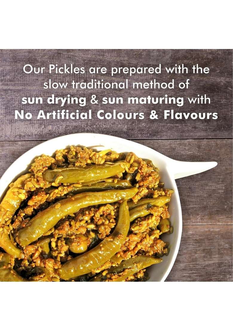 Langha Valley Combo Of Homemade Sabut Mirch Pickle Green Chilli Made With 100 Cold Pressed Organic Mustard Oil Sun Dried Matured Glass Jar Wooden Spoon 360 Grams Pack 2 - Indya