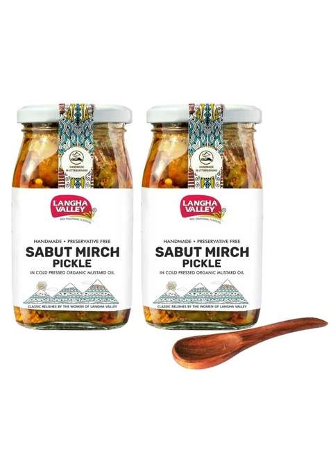 Langha Valley Combo Of Homemade Sabut Mirch Pickle Green Chilli Made With 100 Cold Pressed Organic Mustard Oil Sun Dried Matured Glass Jar Wooden Spoon 360 Grams Pack 2