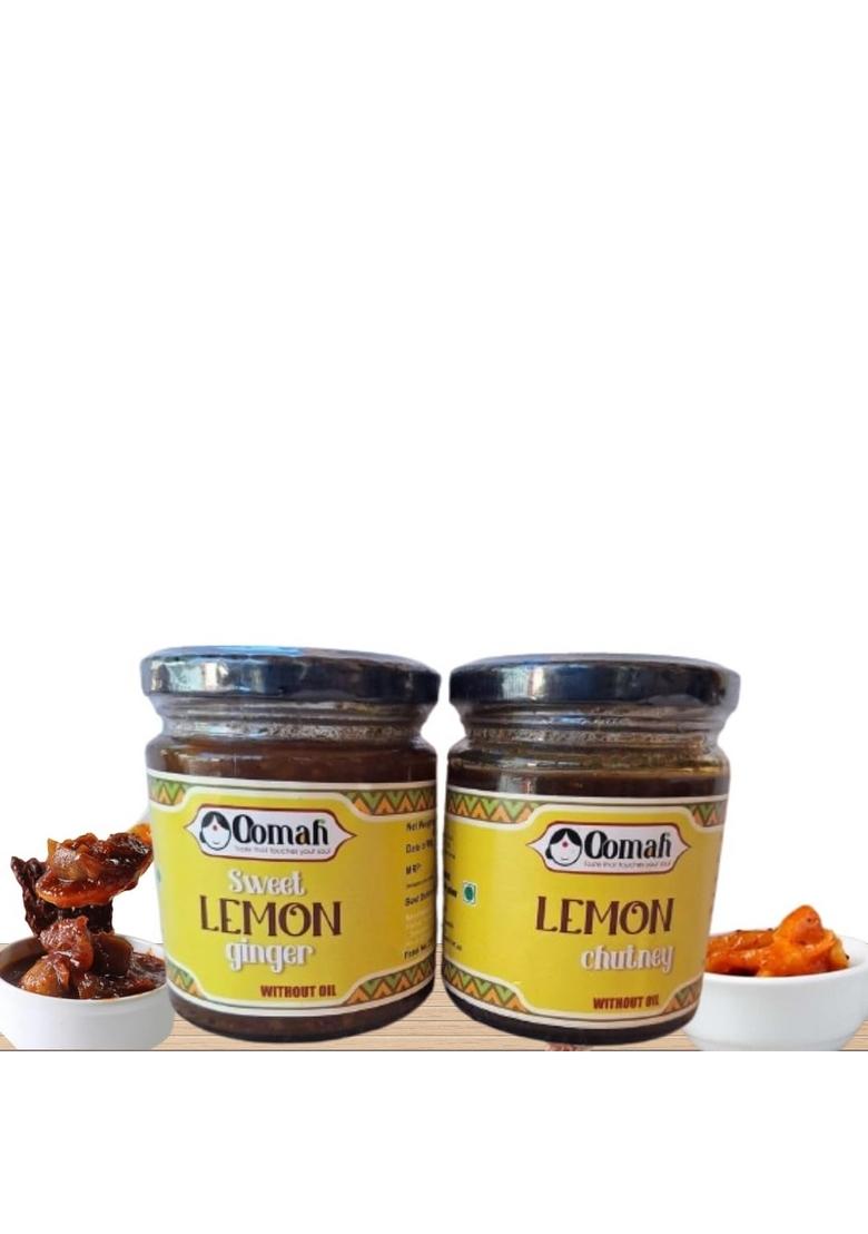 Oomah Foods Homemade Sweet Lemon Ginger Pickles And Chutney | Nimbu Adrak Ka Achar Nimboo Ki Sour Tangy Delicious No Vinegar Sun Dried Zesty Artificial Colors Preservatives 400 Gms Combo Pack