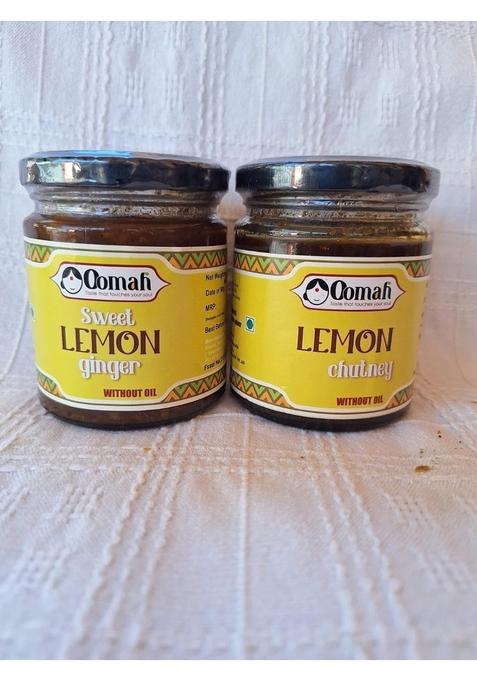 Oomah Foods Homemade Sweet Lemon Ginger Pickles And Chutney | Nimbu Adrak Ka Achar Nimboo Ki Sour Tangy Delicious No Vinegar Sun Dried Zesty Artificial Colors Preservatives 400 Gms Combo Pack