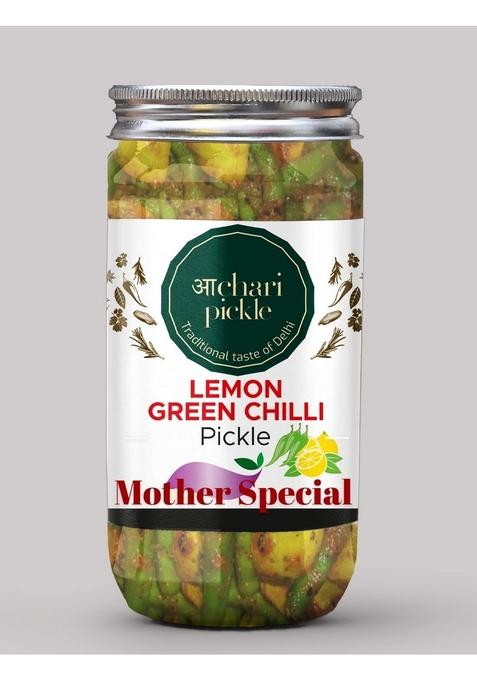 Achari Pickles Mother'S Special Lemon Green Chilly Pickle Homemade Neembu Harimirch Aachar 400G Mother’S Recipe | Organic North Indian Healthy Traditional Home Made Achaar
