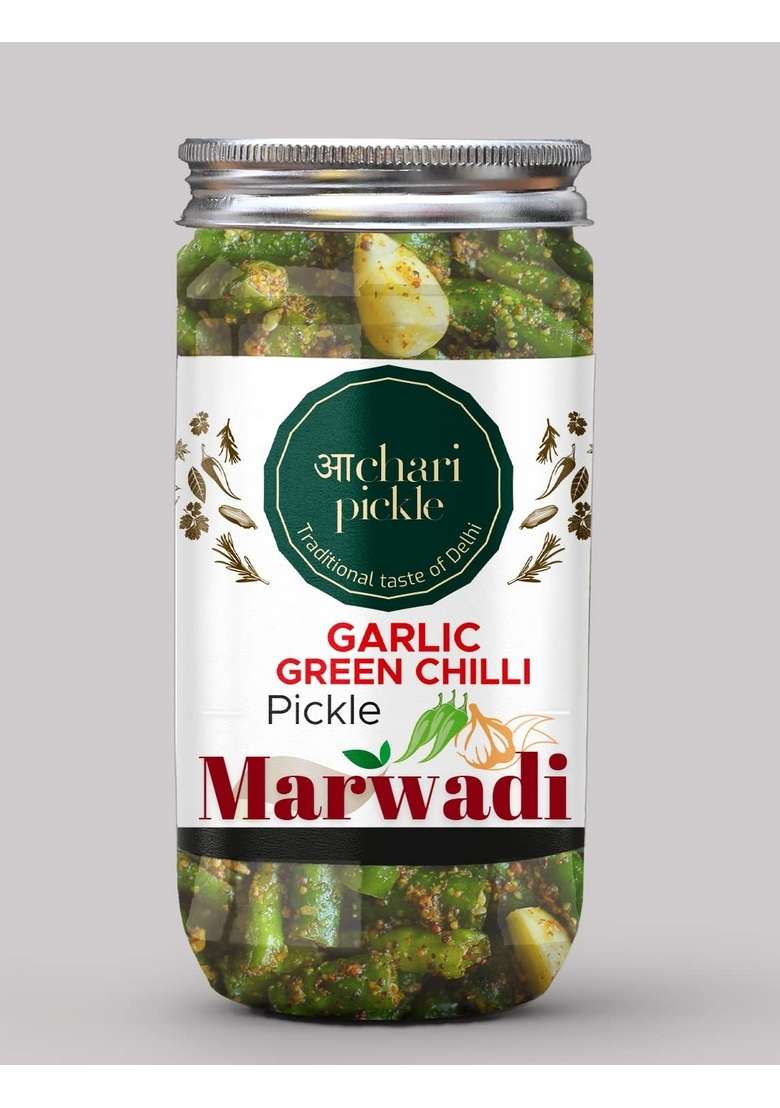 Achari Pickles Marwadi Garlic Green Chilli Pickle Homemade Lehsun Harimirch Aachar 400G Mother’S Recipe | Organic North Indian Healthy Traditional Home Made Achaar - Indya