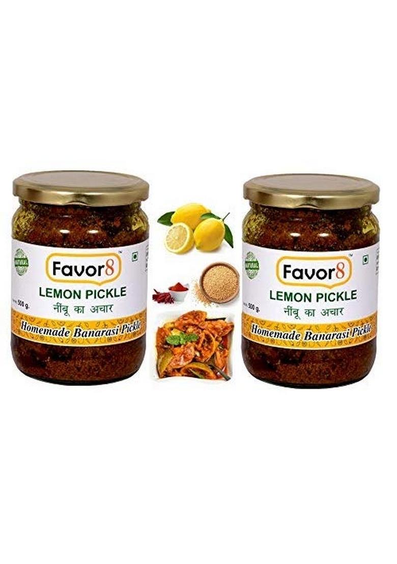 Favor8 Lemon Pickle Traditional Nimbu Ka Achaar| Homemade Banarasi Recipe Masaledar Made By Khachi Ghani Mustard Oil Glass Jar Pack Of 2 X 500G