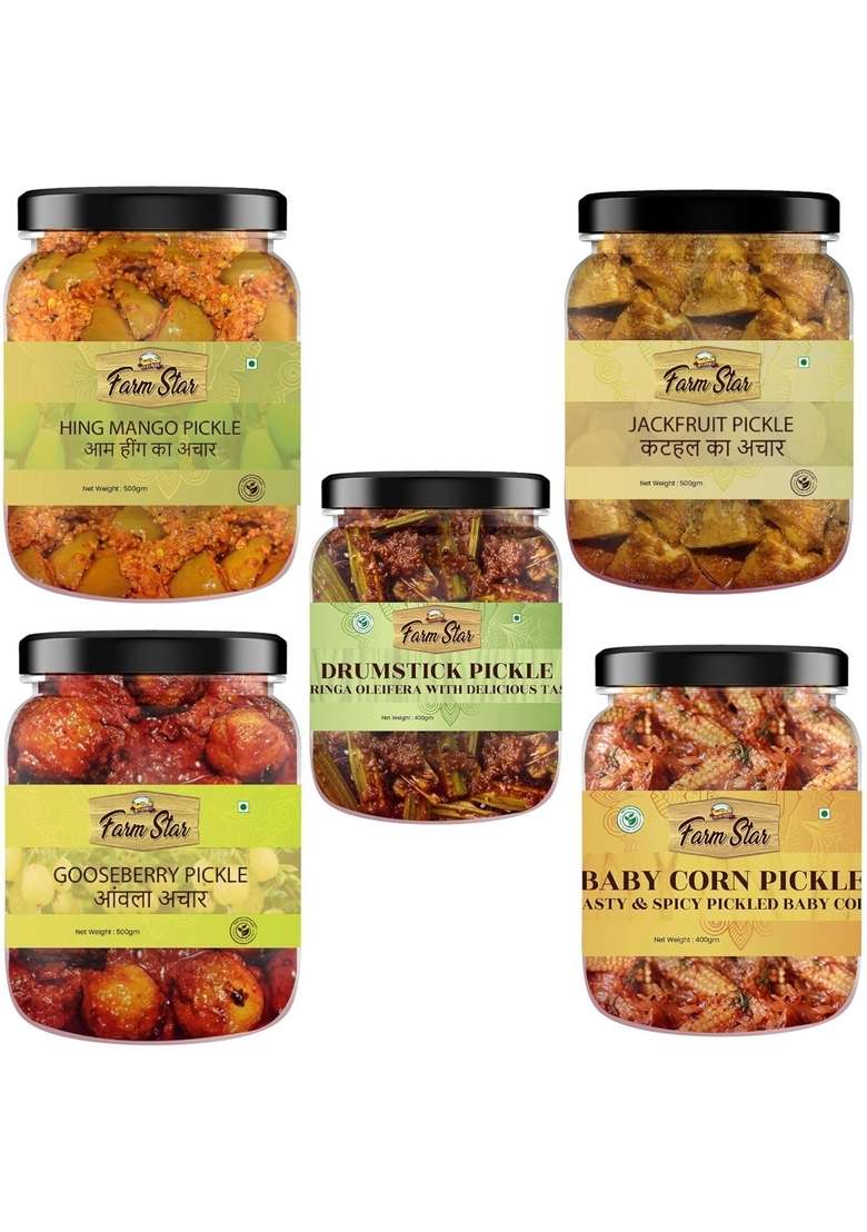 Farm Star 2 3 Kg Combo Pack 5 In 1 Hing Mango Pickle 500 Gm Amla Drumstick 400 Kathal 500Gm Baby Corn - Indya