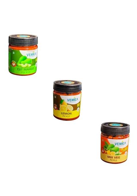 Vemica Cut Mango Lemon And Mix Veg Pickle Combo Each 200G | Handcrafted Pickles Approved By Csir Cftri Technology Tangy Spicy Condiment Made With Fresh Vegetable Aromatic Spices No Artificial Preservatives