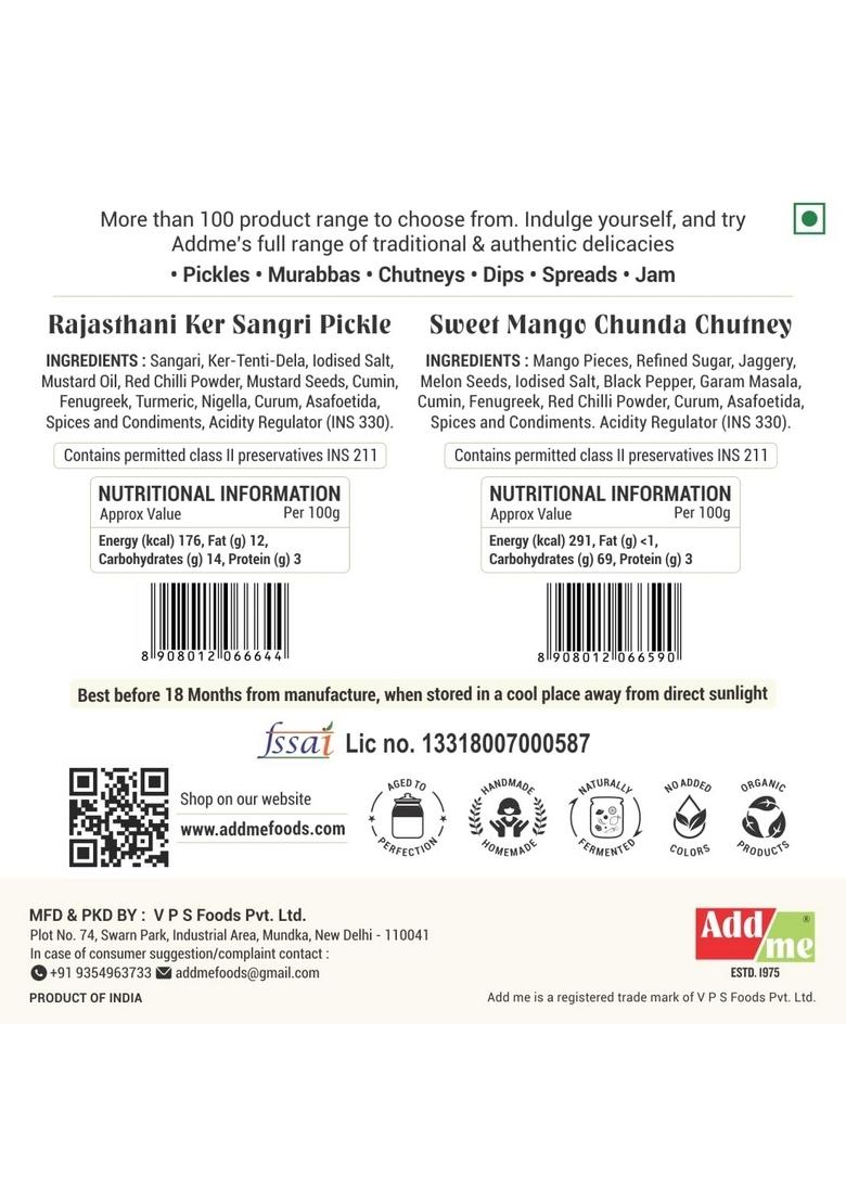 Add Me Tenti Kair Sangri Panchkuta Pickle 500G Sweet Gujrati Chunda Mango Chutney 600G Achar Without Oil Glass Pack Rajasthani Delicacy Ker Pickles Authentic Mixed Vegetable Spicy Tangy Flavor Jar Traditional Indian Gourmet Condimen