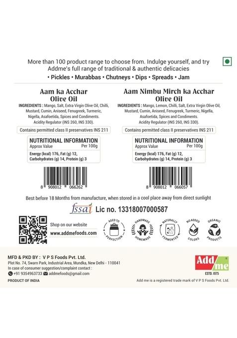 Add Me Mixed Pickle Mango 1Kg In Extra Virgin Olive Oil Homemade Chilli Lemon Nimbu Mirchi Ka Achar Mix Pickles 2 X 500G