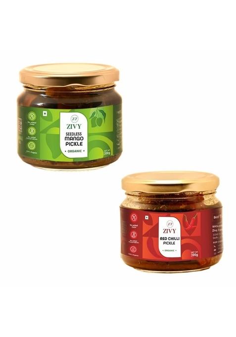 Zivy Homemade Seedless Mango Pickle | Red Green Chilli Pickles Fresh No Preservatives Artificial Flavours Aam Mirch Ka Achar Glass Jar Pack Combo 300Gm