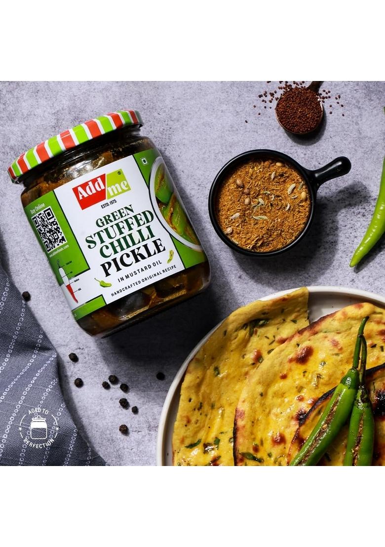 Add Me Homemade Green Stuffed Chilli Pickle 500Gm Hot Mango With Garlic Ginger Masala Glass Pack Of 2