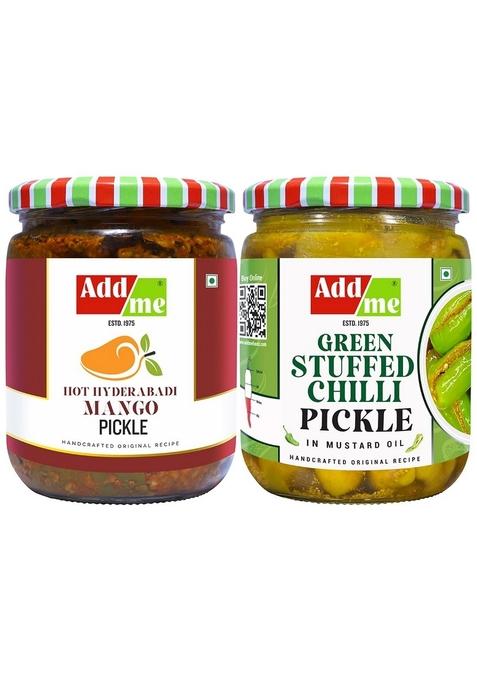 Add Me Homemade Green Stuffed Chilli Pickle 500Gm Hot Mango With Garlic Ginger Masala Glass Pack Of 2