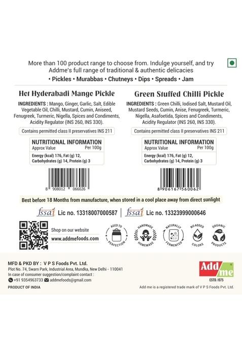 Add Me Homemade Green Stuffed Chilli Pickle 500Gm Hot Mango With Garlic Ginger Masala Glass Pack Of 2
