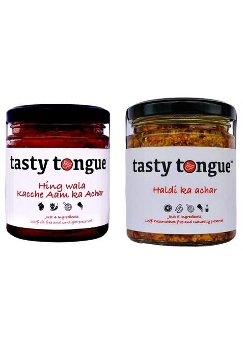 Tasty Tongue Tongue' Homemade Combos Heeng Wala Kachhe Aam Ka Achar And Haldi With Lemon Decoction | Traditional No Preservatives 190 Gms Each Glass Jar