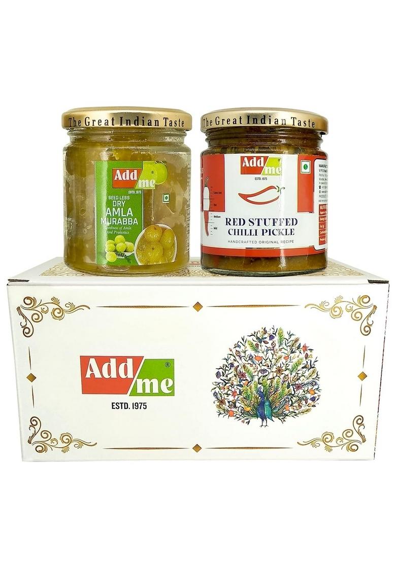 Add Me Seed Less Dry Amla Murabba Without Syrup Immunity Boosters Red Stuffed Pickle Bharwa Lal Mirch 200Gm Combo Gift Pack Glass Jar