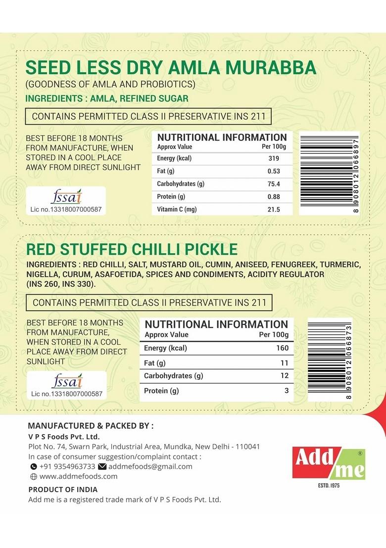 Add Me Seed Less Dry Amla Murabba Without Syrup Immunity Boosters Red Stuffed Pickle Bharwa Lal Mirch 200Gm Combo Gift Pack Glass Jar