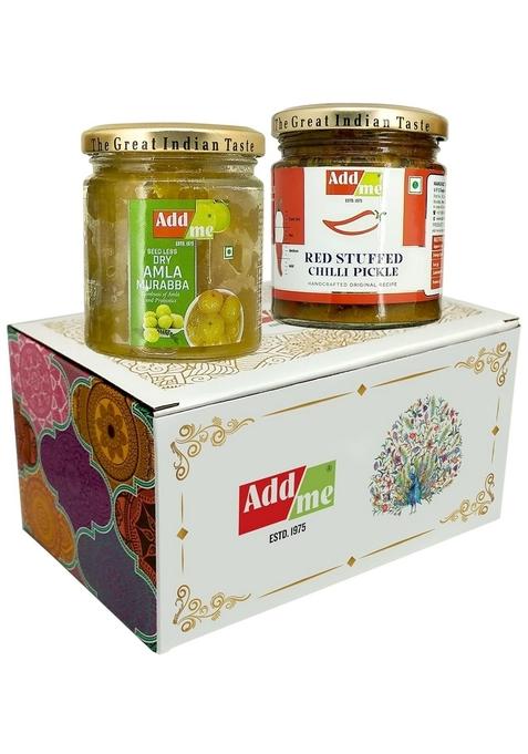 Add Me Seed Less Dry Amla Murabba Without Syrup Immunity Boosters Red Stuffed Pickle Bharwa Lal Mirch 200Gm Combo Gift Pack Glass Jar