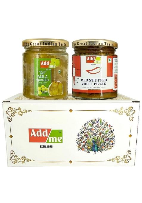 Add Me Seed Less Dry Amla Murabba Without Syrup Immunity Boosters Red Stuffed Pickle Bharwa Lal Mirch 200Gm Combo Gift Pack Glass Jar