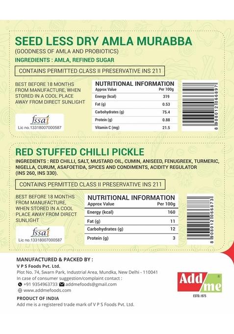 Add Me Seed Less Dry Amla Murabba Without Syrup Immunity Boosters Red Stuffed Pickle Bharwa Lal Mirch 200Gm Combo Gift Pack Glass Jar