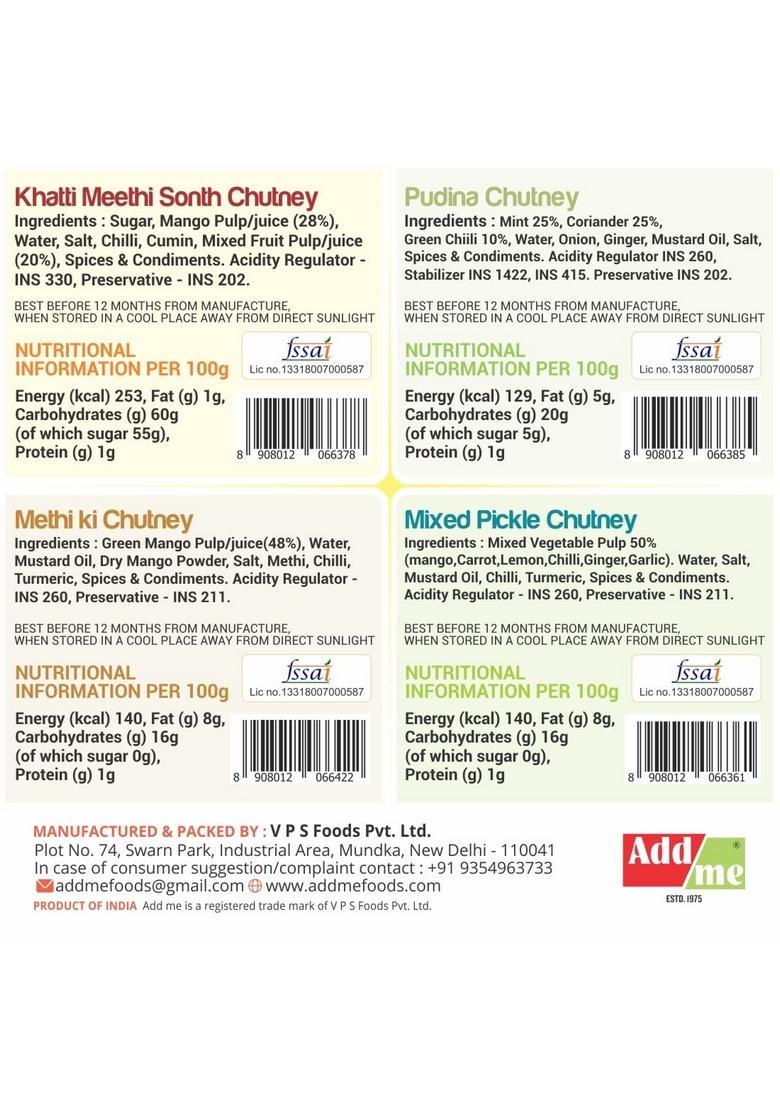 Add Me Homemade Khatti Meethi Sonth 450Gm Pudina Chutney 390Gm Mango Methi Dana Mixed Pickle