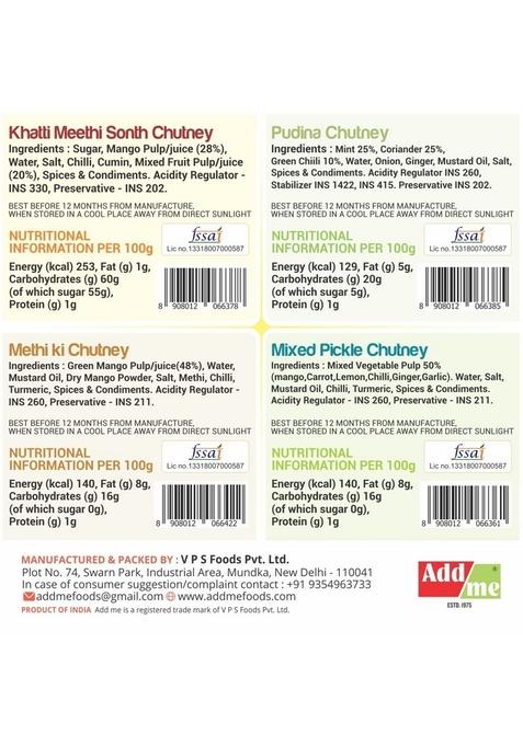 Add Me Homemade Khatti Meethi Sonth 450Gm Pudina Chutney 390Gm Mango Methi Dana Mixed Pickle