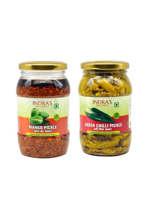 Indra'S Delicacy Mango Pickle Green Chili Combo In Mustard Oil Aam Kairi Mirchi Achar Set Homemade Traditional Indian Taste Organic Authentic Natural Flavor 400 Gm Pack Of 2