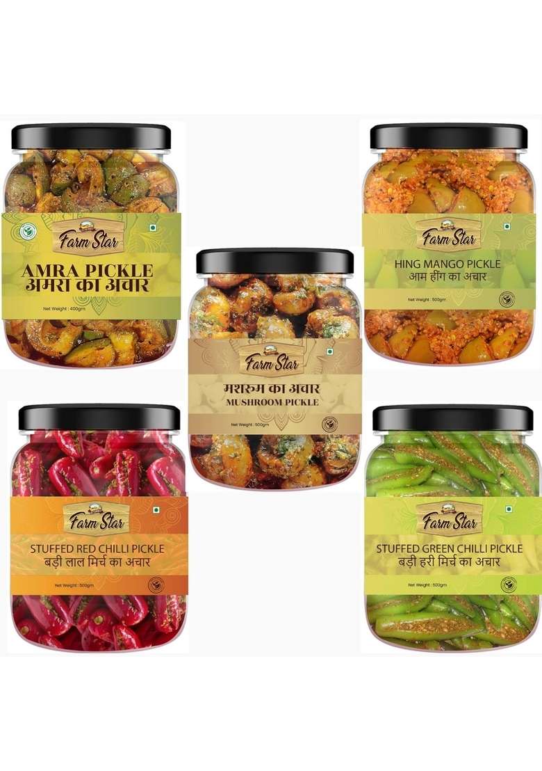 Farm Star 2 4Kg Combo Pickle Pack 5 In 1 Stuffed Banarsi Red Chilli 500 Gm Mushroom Hing Mango Green Amra 400Gm - Indya
