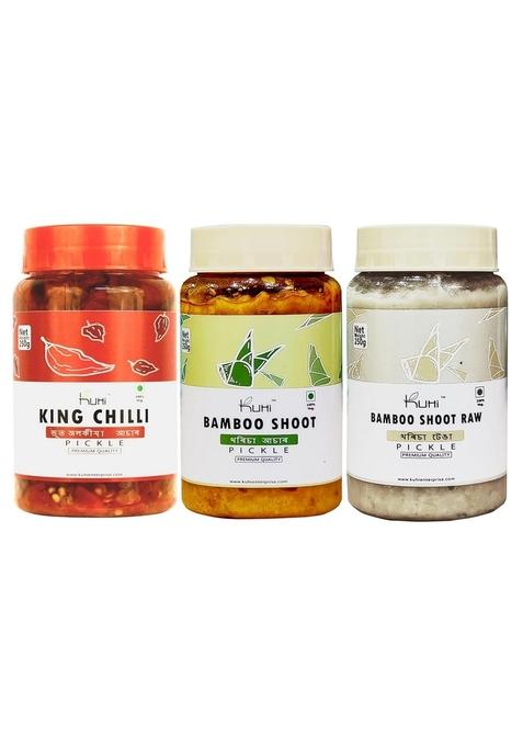 Kuhi Enterprise Pickle Combo 250 Gm Pack Of 3 | King Chilli Naga Morich Bhut Jolokia Ghost Pepper Bamboo Shoot Raw Pickles