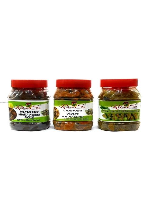 Ravso Ravsso Home Made Combo Pack Of Three Pickle Chetptta Punjabi Mango Lemon Green Chilli Aam Ka Achar Bharwa Hari Mirch Nimboo 500 X3
