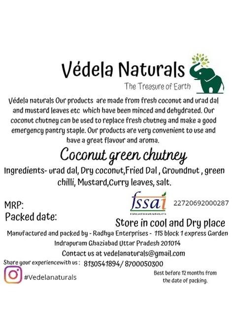 Védela Naturals Vedela South Indian Style Instant Coconut Green Chutney Powder 100G 3Oz [Nariyal Ki Just Add Water