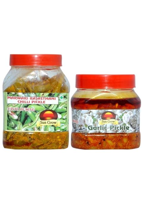 Sun Grow Combo Without Oil Organic Homemade Marwadi Rajasthani Green Chilli Pickle Achaa Real Taste Of Pickles 1Kg Garlic Achaar For Health Special 500Gm