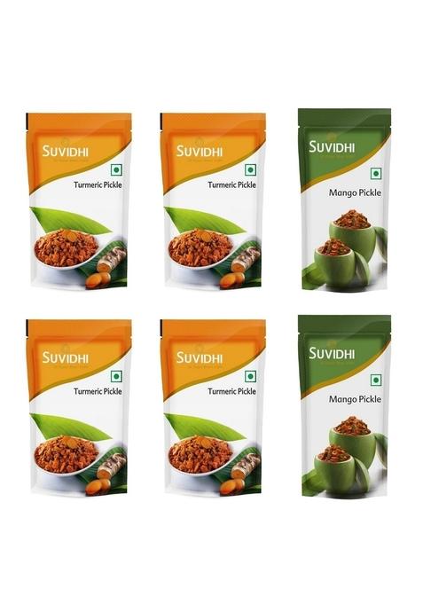 Suvidhi Pickle Combo | 4 Turmeric 2 Mango Homemade Traditional Indian Achar Authentic Taste With Natural Spices Edible Oil 800G Total Pack Of 6 Jars