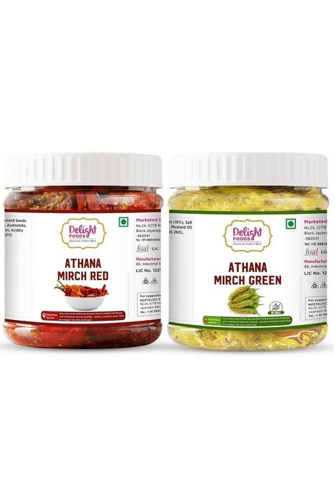 Delight Foods Athana Red Green Mirch Pickles Achar 500G 250G X 2 | Masala Pickle Chilli Mustard Oil Sarso Tel No Garlic