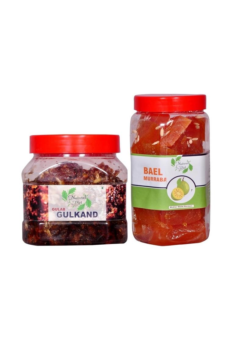 Natural Diet Combo Of Homemade Gulkand With Kesar Elaichi Prepared Using Damask Rose Rock Sugar 400 Gram The Real Taste Swad Sweet Bel Murabba Pieces Without Syrup 1Kg