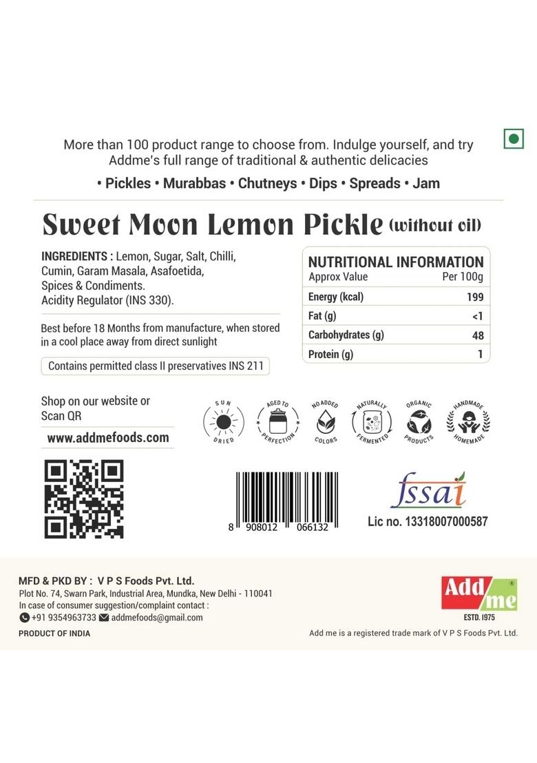 Add Me Home Made Sweet Lemon Pickle 1 2Kg Without Oil Pickles Lime 2 X 600 Gm Glass Pack | Authentic Homemade Indian Style Preserve Tangy Flavor 600G Ghar Ka Bana Nimbu Acahr