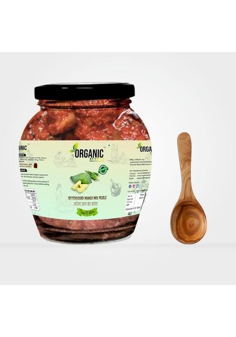 Organic Anand Homemade Bittergourd Mango Mix Pickles 350Gram Karela Aam Ka Achar With Neemwood Spoon Flavourful Delicious Traditional Taste Pack Of 1
